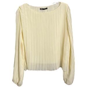 Zara Women's Sz L Blouse Long Sleeve Pleated Puff Sleeve Cream Romantic‎